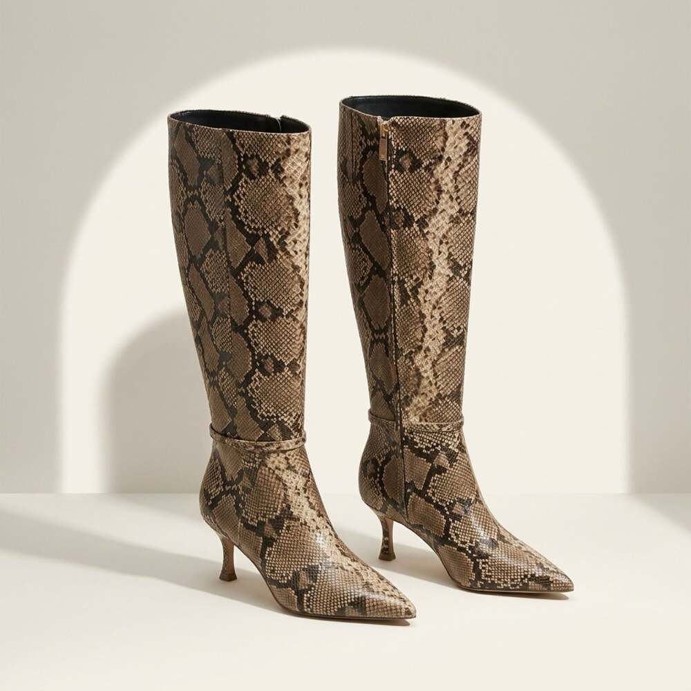 Kenneth Cole New York Utah Kitten Heel Knee-High Leather Boot in Taupe Snake